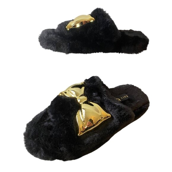 Katy Perry Faux Fur Black Slippers With Gold Bow Comfy Slip-On Shoes Size 6 - Picture 3 of 10